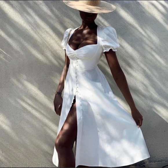 House of CB 'Ellery' Linen Puff Sleeve Sundress midi white‎ NWOT M - Picture 5 of 16